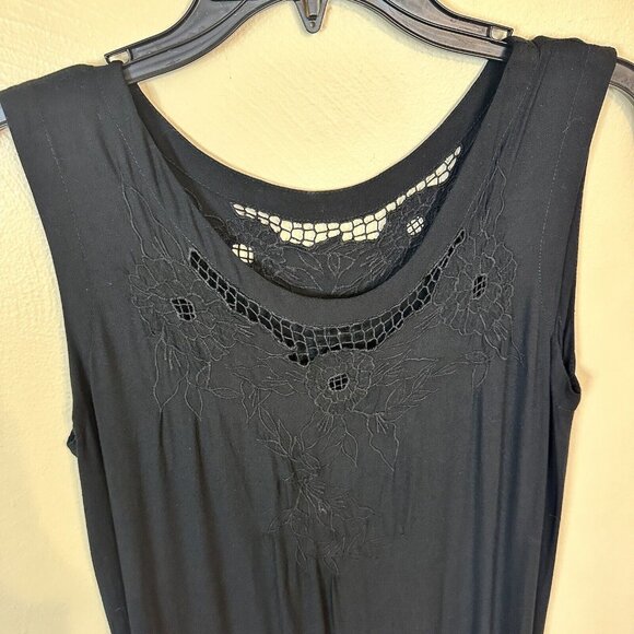 Vintage Womens Black Maxi Sheath Dress Rayon Small Floral Embroidery Accents 90s - Picture 1 of 6